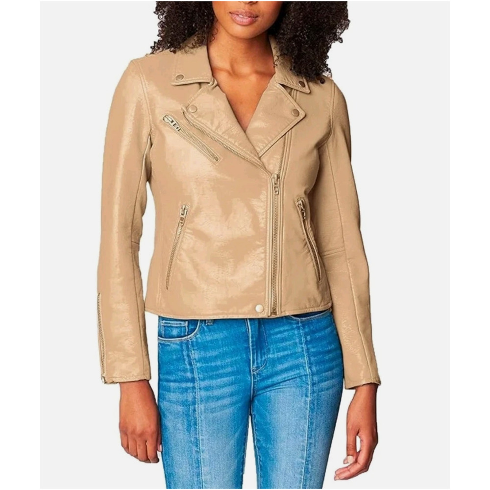 BlankNYC Moto Jacket Womens S Light Tan Faux Leather Asymmetrical Zip Biker Chic